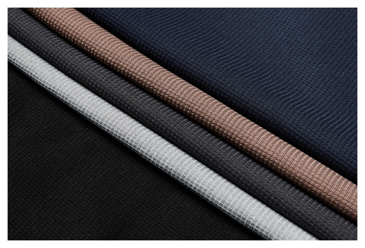 Four folded textured fabric colorways in navy, black, light gray, and taupe.