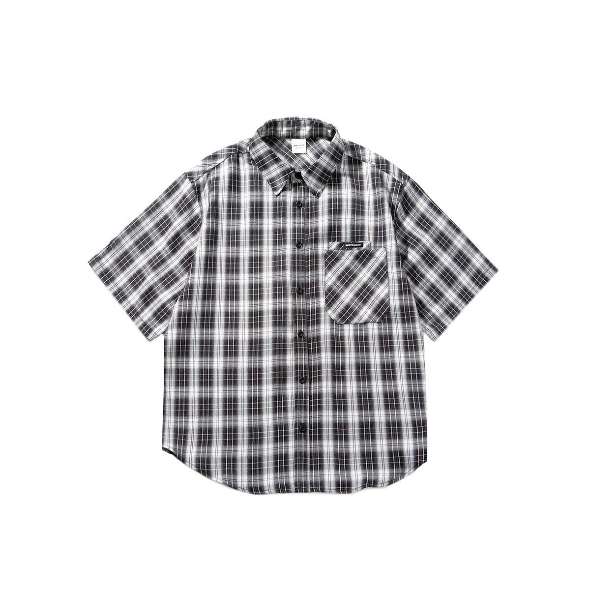 Black and white plaid short-sleeve button-up shirt flat lay with chest pocket and collar