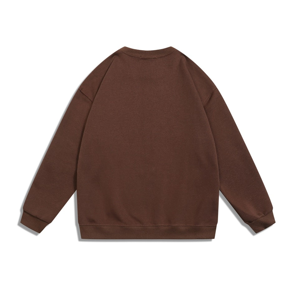 Back view of a plain brown crewneck sweatshirt with long sleeves and ribbed cuffs and hem.