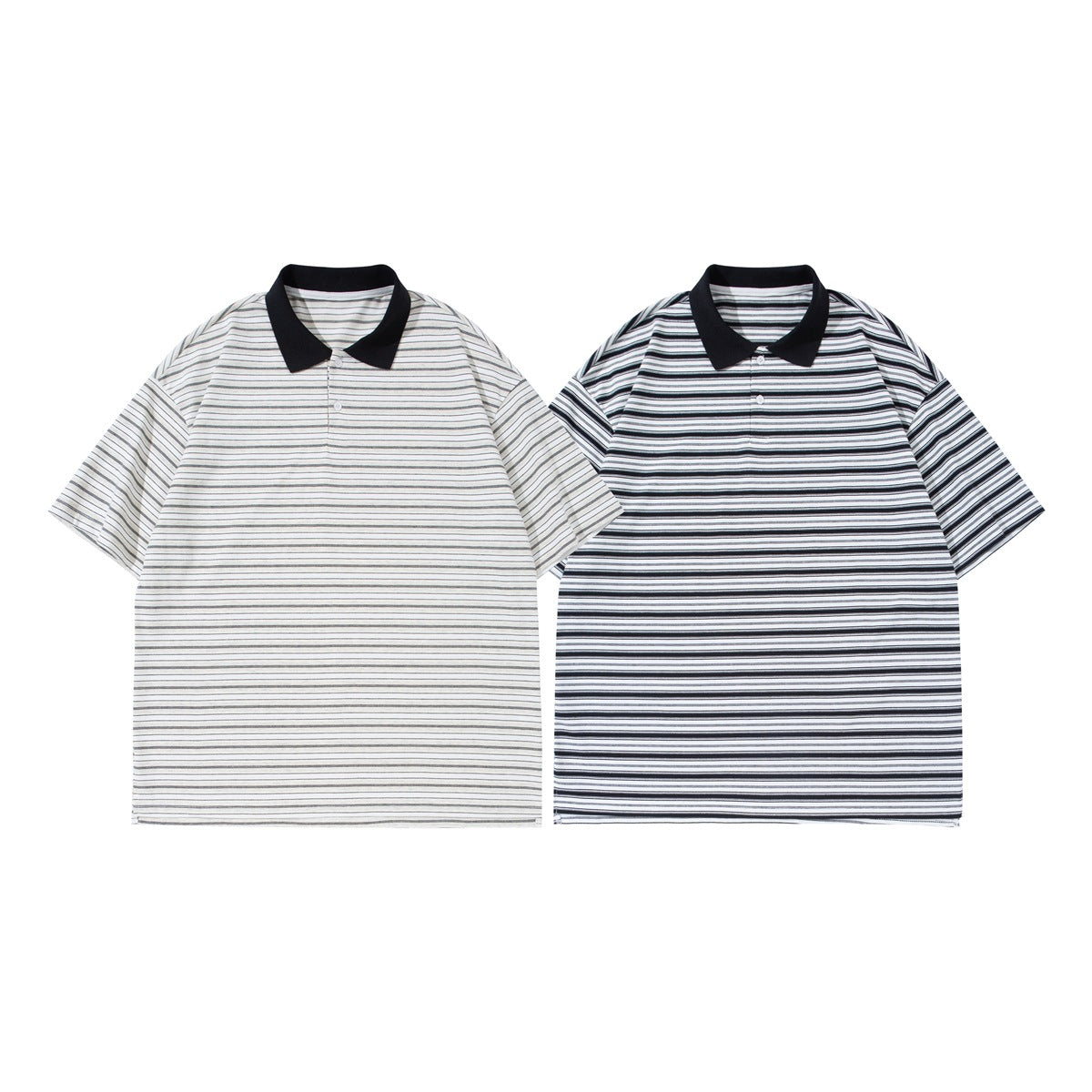 Two short-sleeve striped polo shirts shown from the front: one light gray and one white with darker stripes; both have black