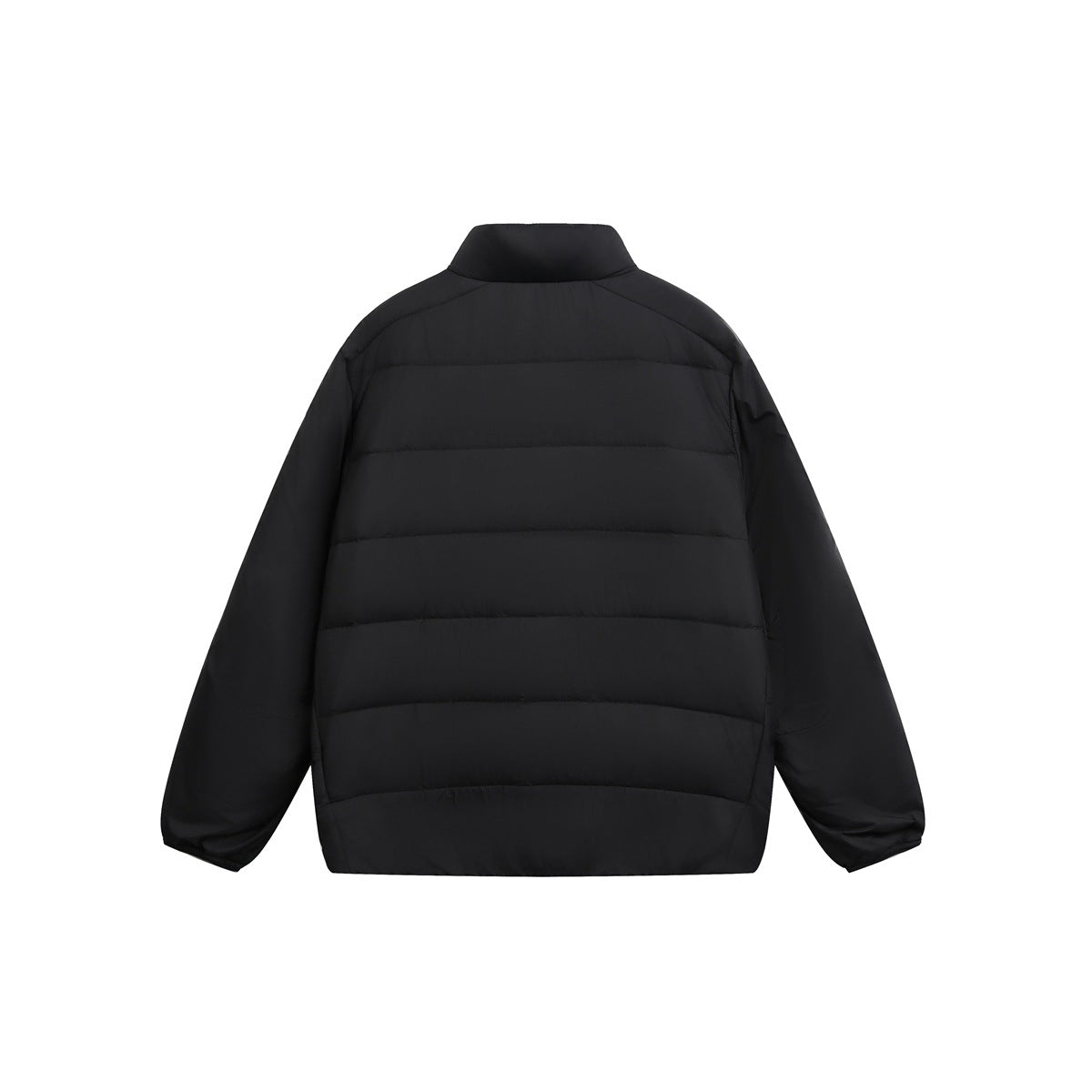 Black puffer jacket, back view, with horizontal channel quilting and stand collar