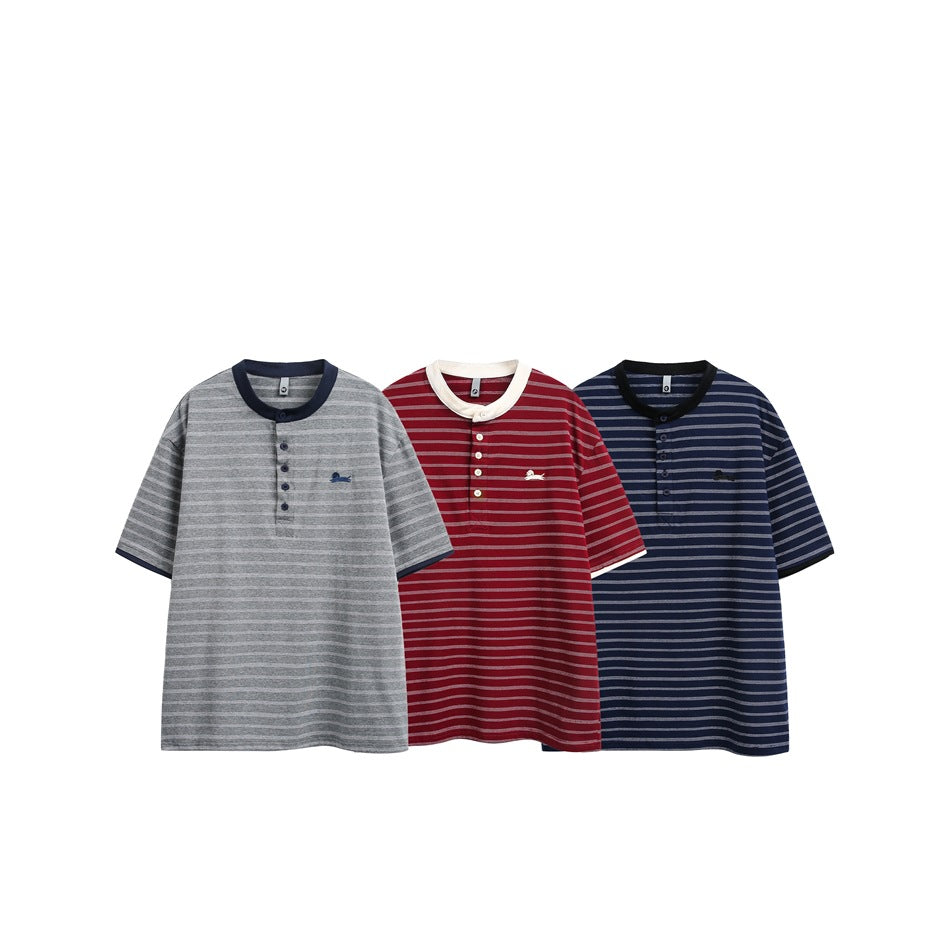Three short-sleeve striped henley shirts shown together in gray, burgundy, and navy colorways.