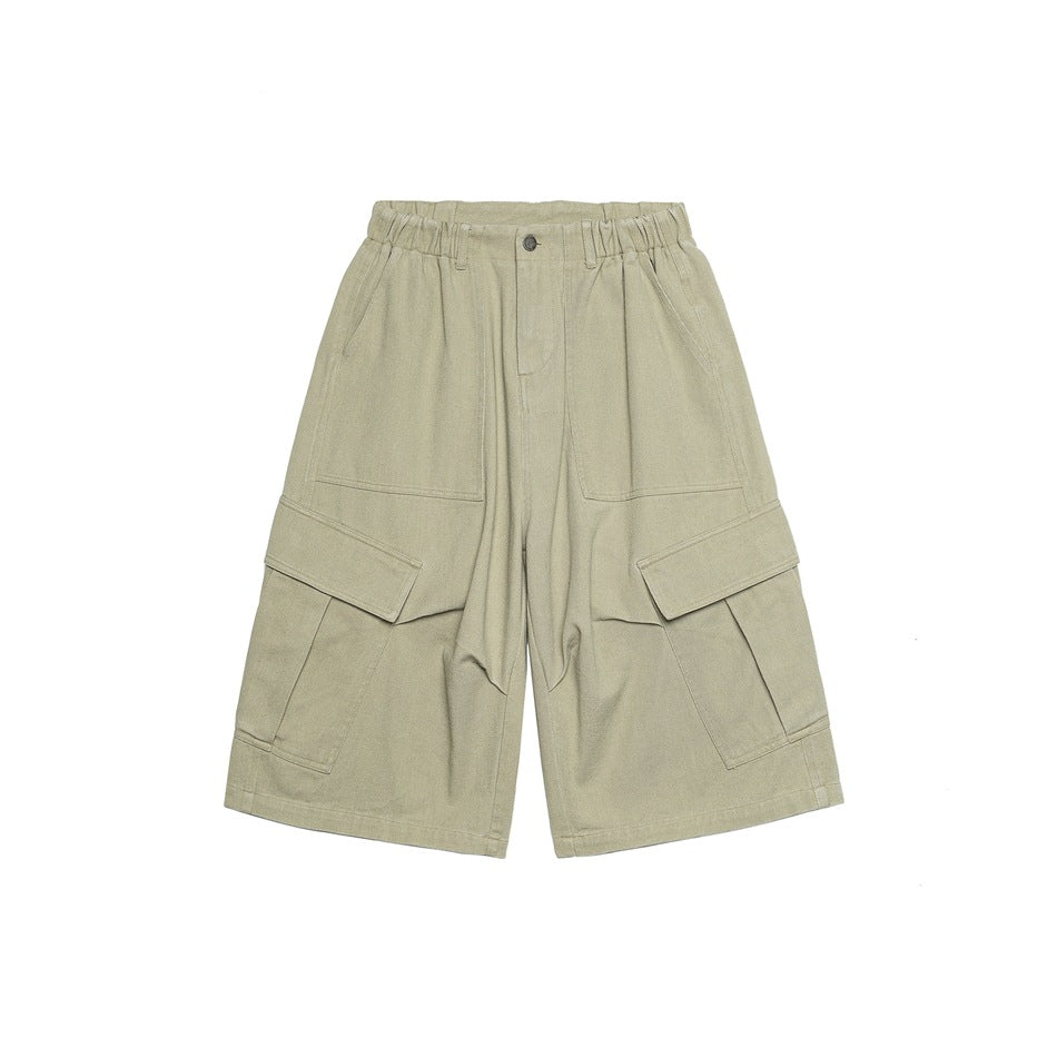 Khaki-gray knee-length cargo shorts, front view, with elastic waist, button, and large flap side pockets