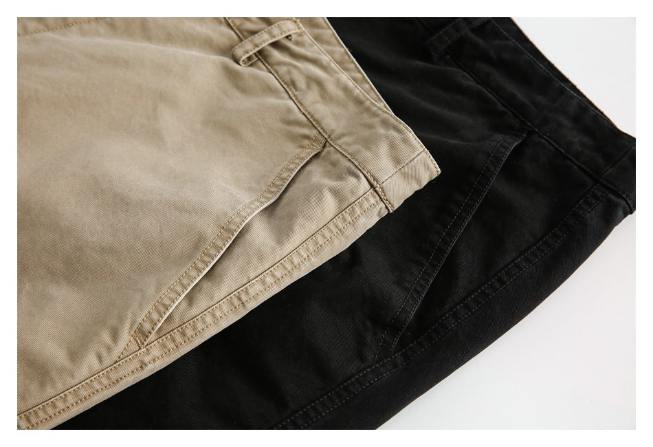 Tan and black trousers overlap, showing close-ups of pocket seams and stitched hems.