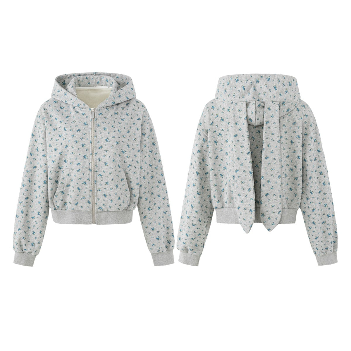 Gray-blue floral zip hoodie shown from the front and back, with a hood, front pockets, and ribbed cuffs and hem.