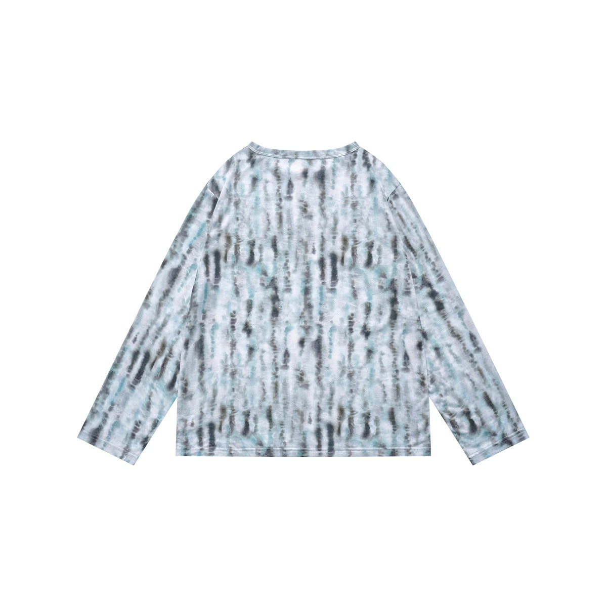 Back view of a long-sleeved top with a pale blue-gray tie-dye pattern and relaxed shape.