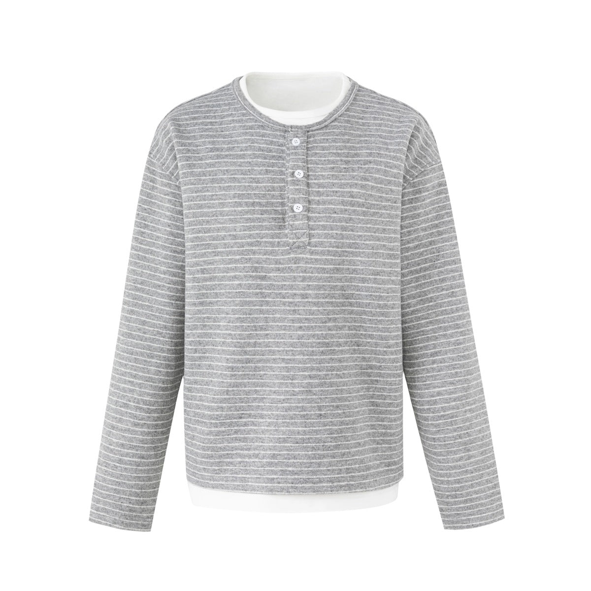 Front view of a gray-and-white striped long-sleeve top with a white crew neckline and three-button placket.