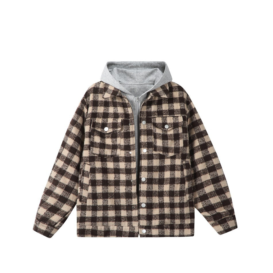 Brown and apricot check jacket with gray hood layer, snap front and chest flap pockets, flat front view