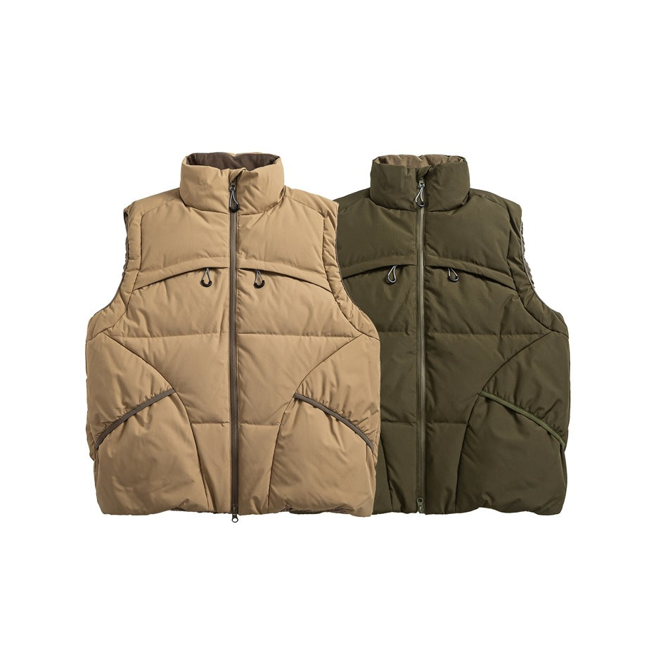 Two sleeveless padded vests shown from the front in tan and olive, with high collars and zippered pockets.