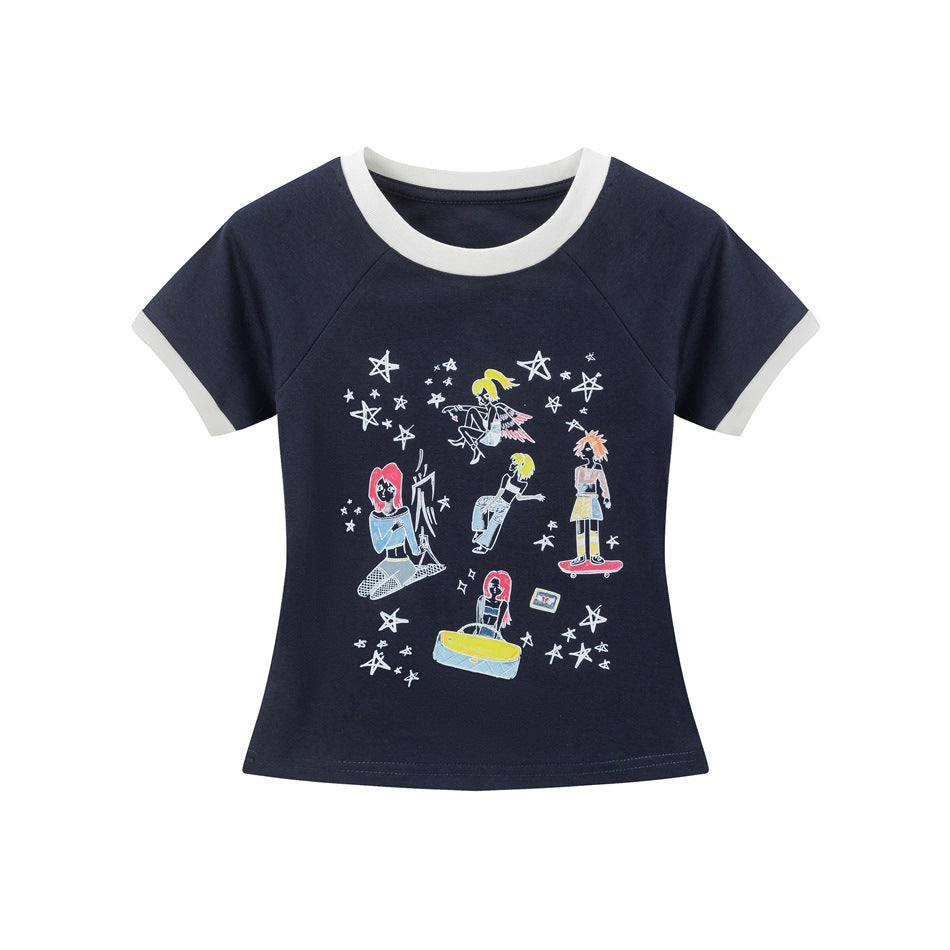 Navy cropped raglan T-shirt with white trim and multicolor girl-and-stars graphic on the front