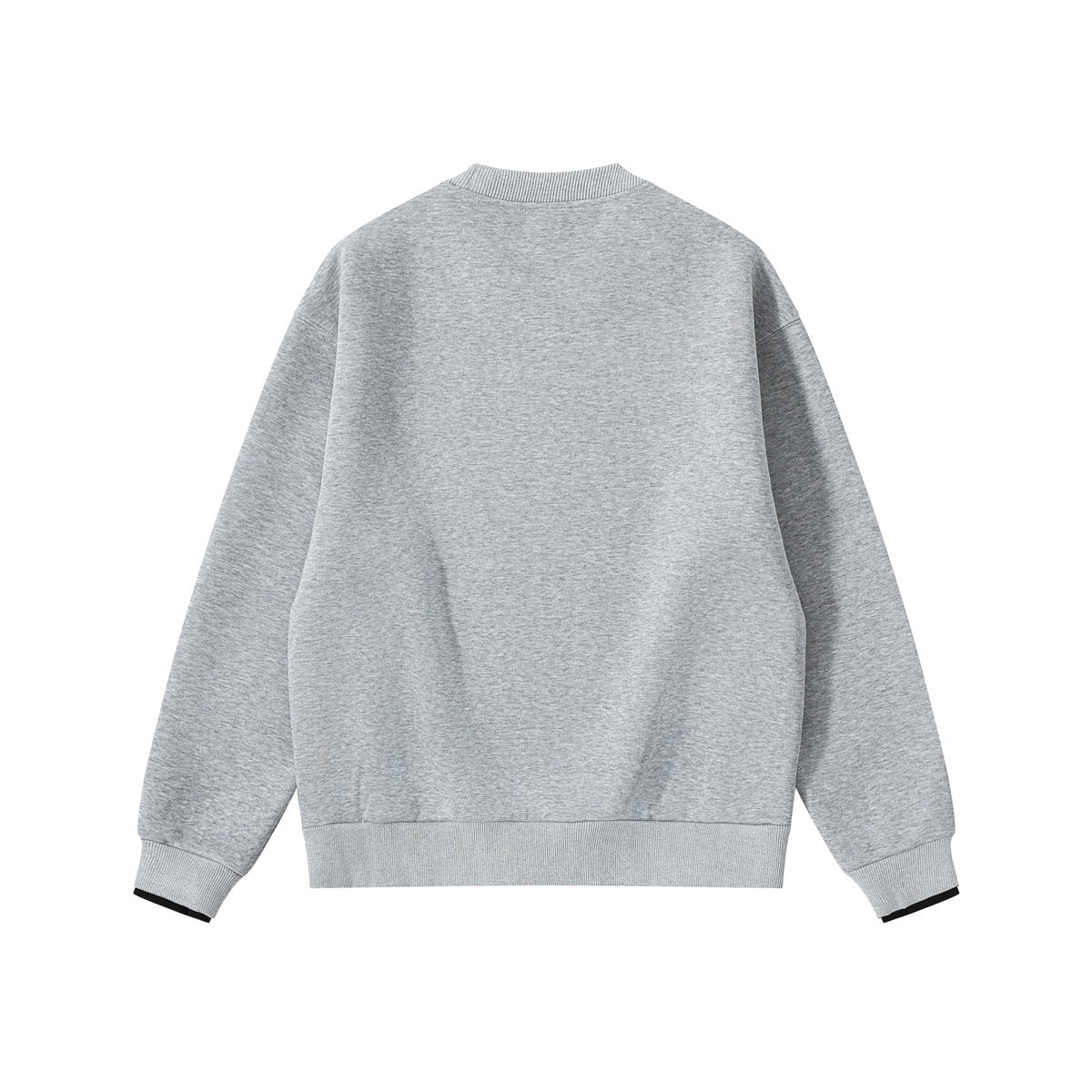 Back view of a plain heather-gray crewneck sweatshirt with long sleeves and ribbed collar, cuffs, and hem.