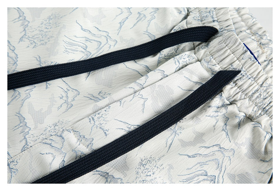 Close-up of two navy drawstrings against the pale blue landscape print on white shorts.
