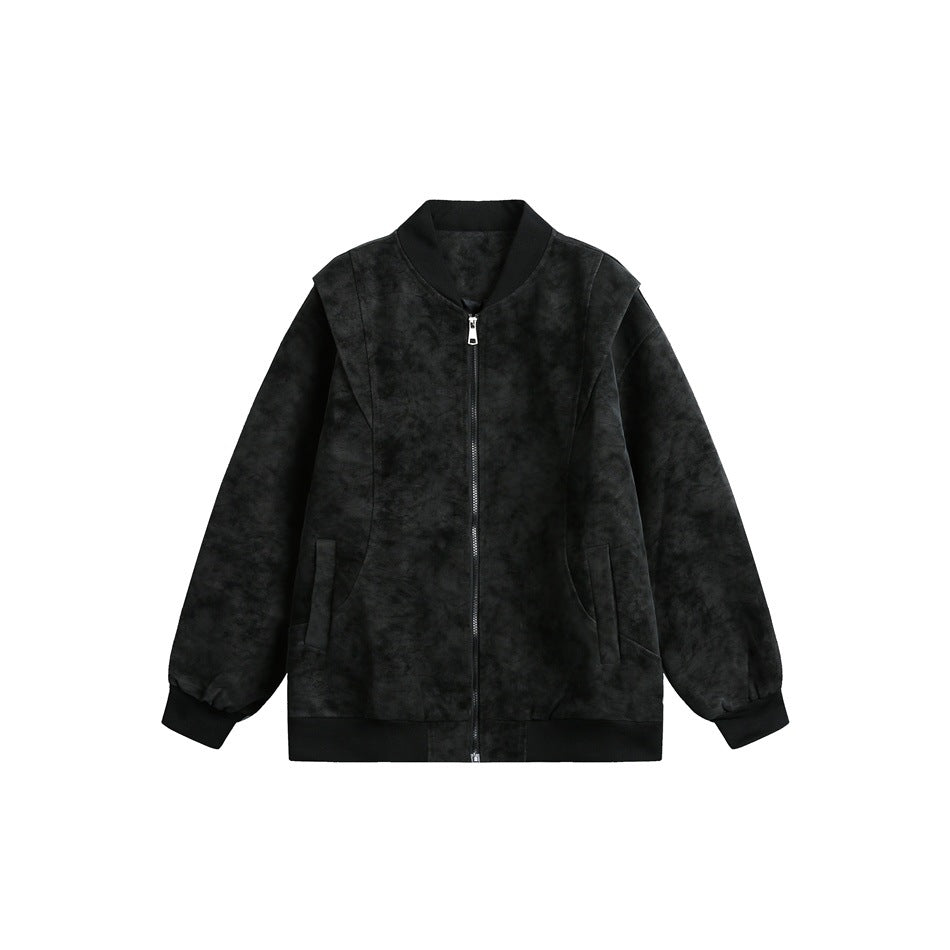 Black zip-front bomber jacket with ribbed trim, shoulder yoke seams and a mottled suede-like surface, flat view
