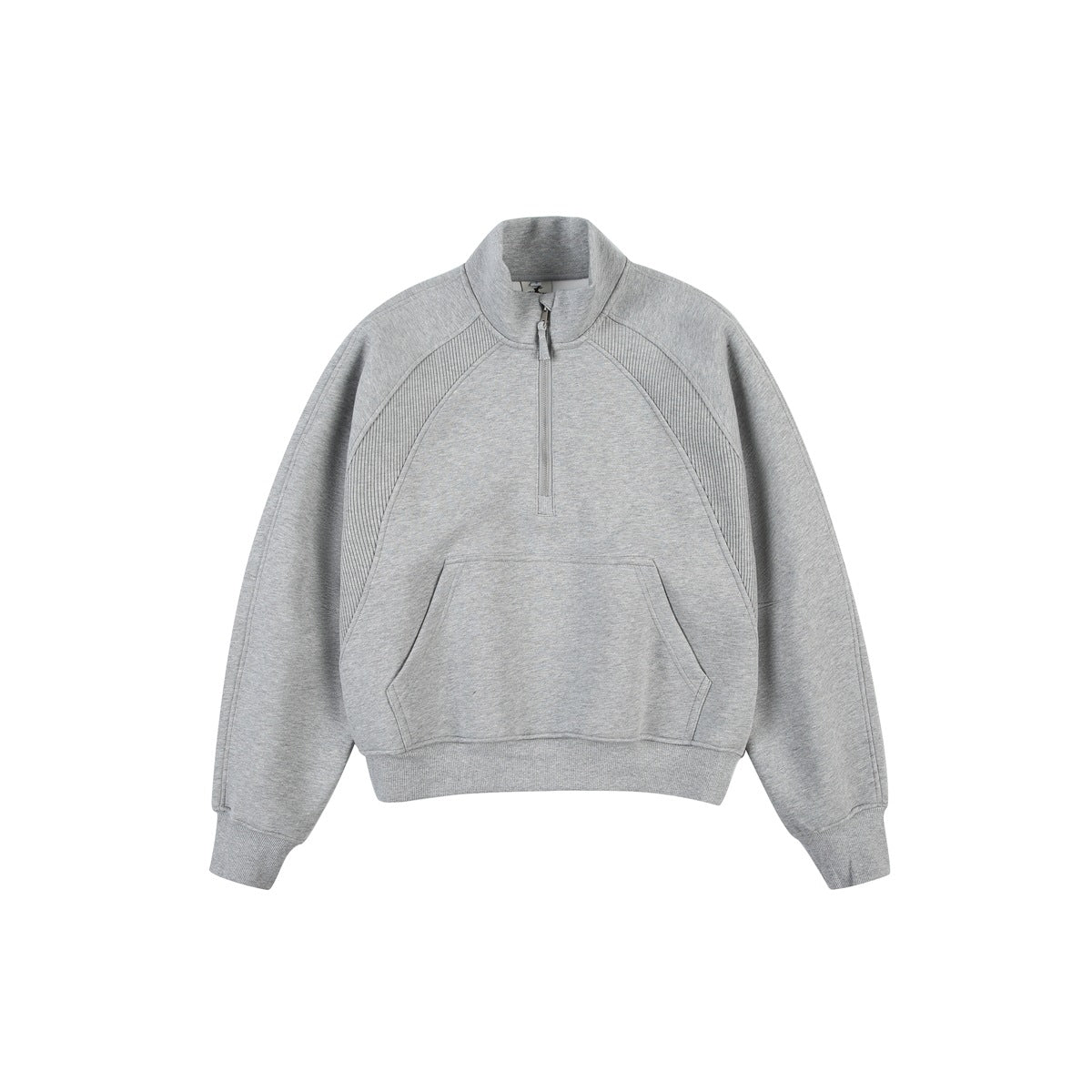 Heather gray half-zip sweatshirt with stand collar, raglan ribbed panels, kangaroo pocket and ribbed hem, flat front view