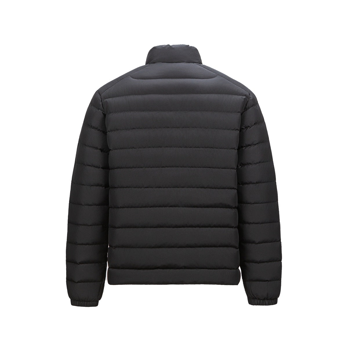 Back view of a dark charcoal quilted puffer jacket with a stand collar and elastic cuffs, isolated on white.