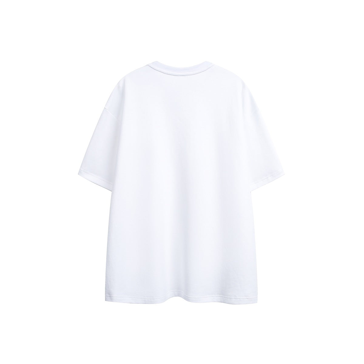 Back view of a plain white oversized short-sleeve crew-neck T-shirt displayed against a white background.