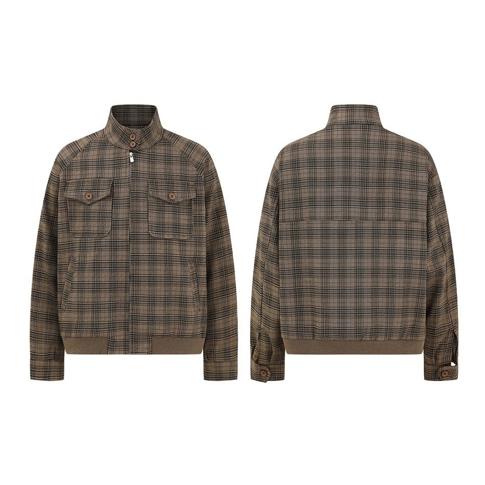 Brown plaid zip-front jacket shown from the front and back, with a stand collar, buttoned chest pockets and ribbed hem.