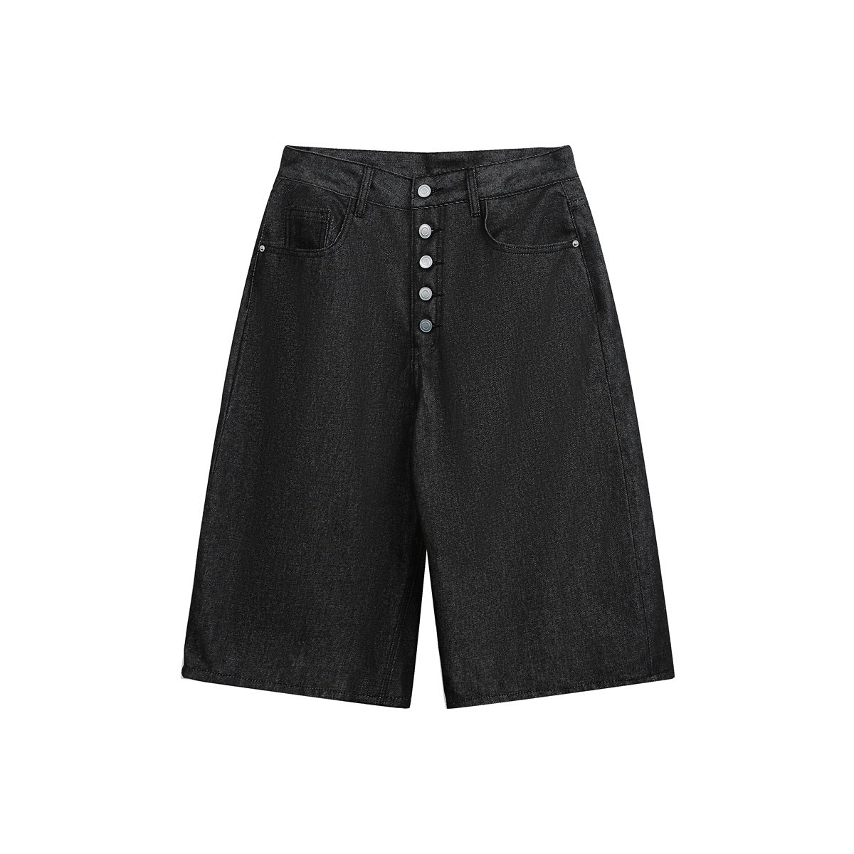 Black wide-leg knee-length denim-look shorts with five-button front, flat lay front view
