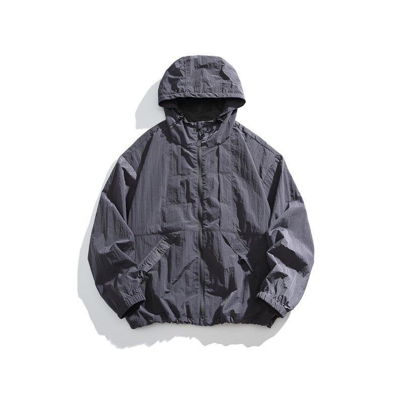 Dark gray hooded zip-up jacket with textured fabric, flat lay front view