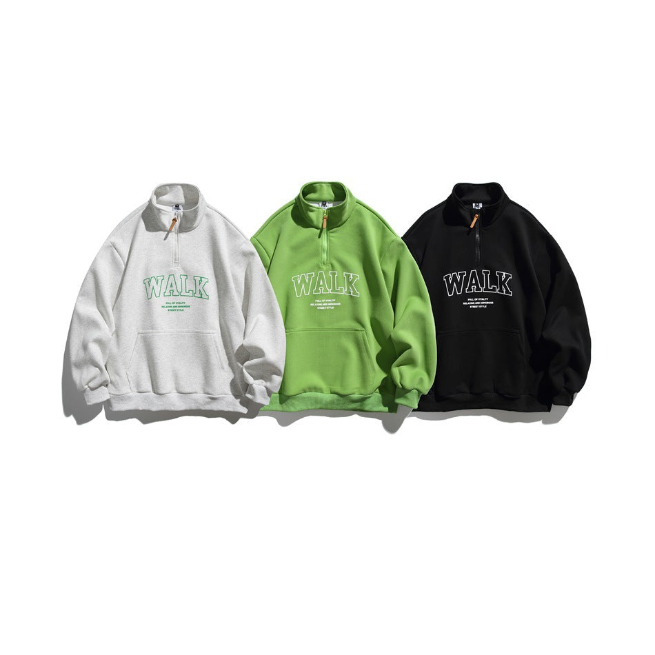 Three quarter-zip sweatshirts with kangaroo pockets and outlined chest lettering, shown in white, lime green, and black.