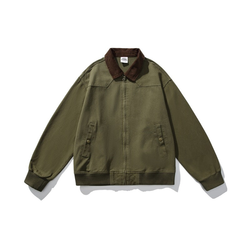 Olive green zip jacket with brown corduroy collar, snap-flap side pockets and ribbed cuffs and hem, flat lay