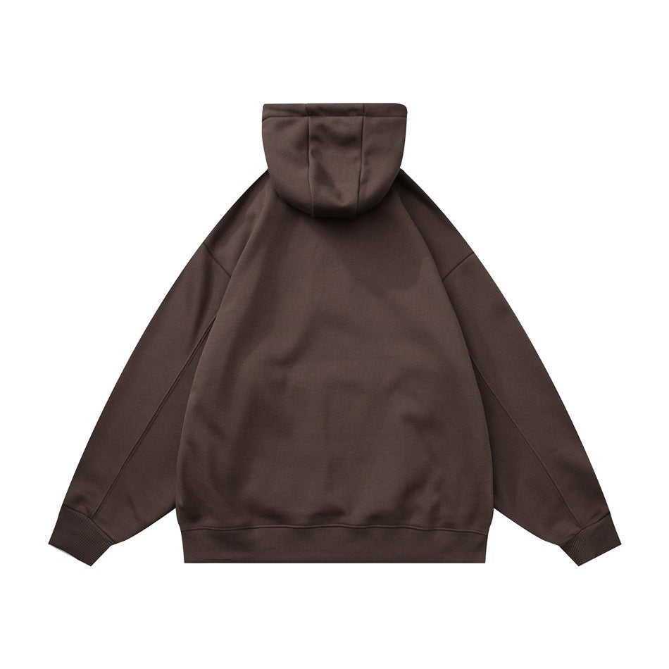Back view of a dark brown pullover hoodie with a hood, long sleeves, and ribbed cuffs and hem.