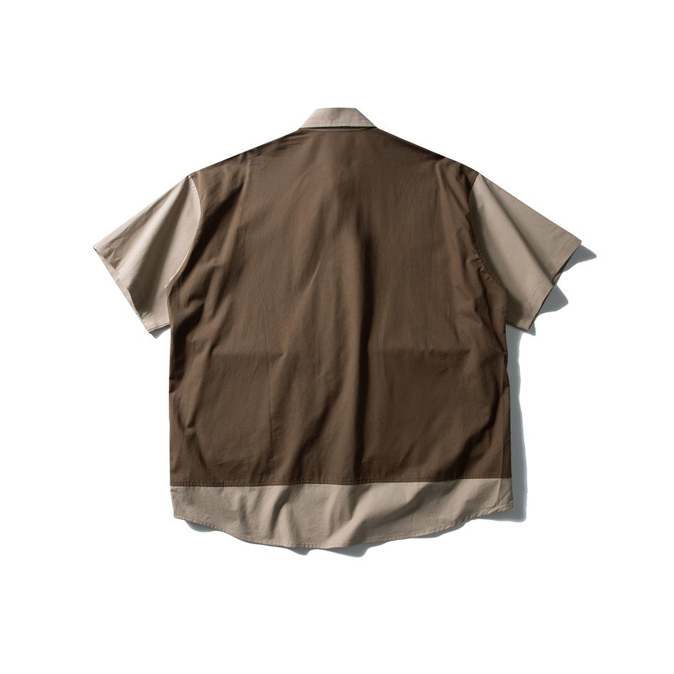 Back view of a brown utility vest layered over a beige short-sleeve shirt.