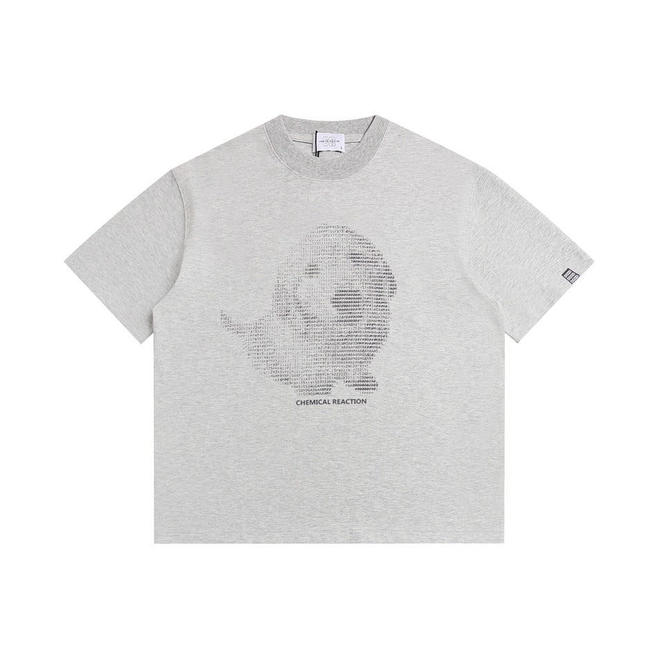 Heather gray short-sleeve T-shirt with a pixelated character graphic and 'CHEMICAL REACTION' text, flat lay
