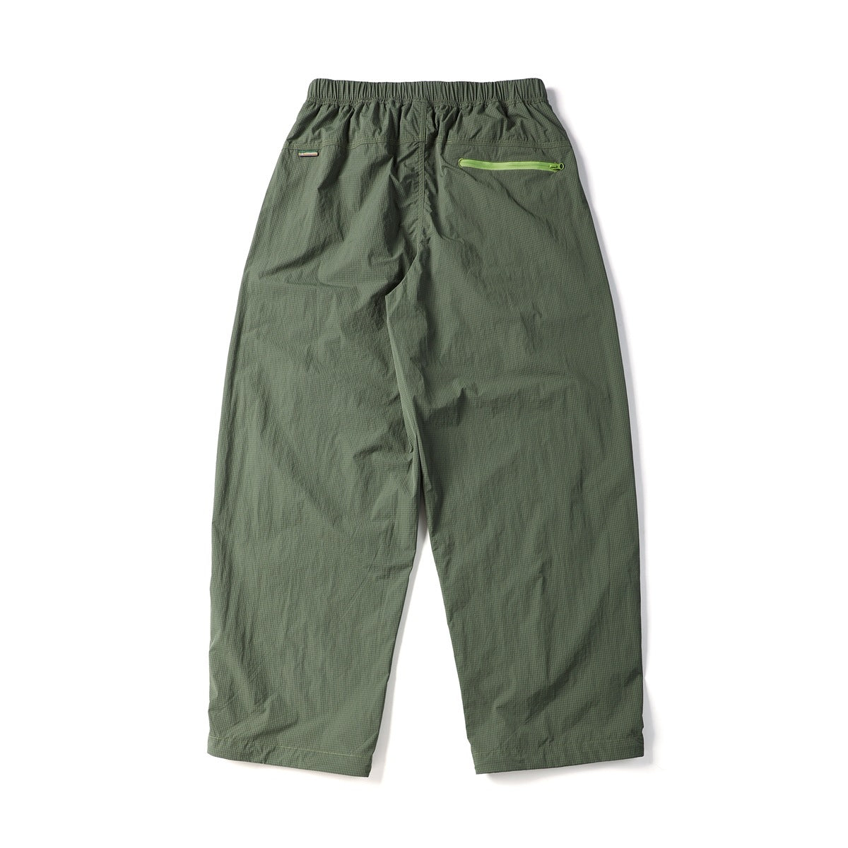 Back view of olive green check-pattern pants with an elastic waistband and a bright green zippered rear pocket.