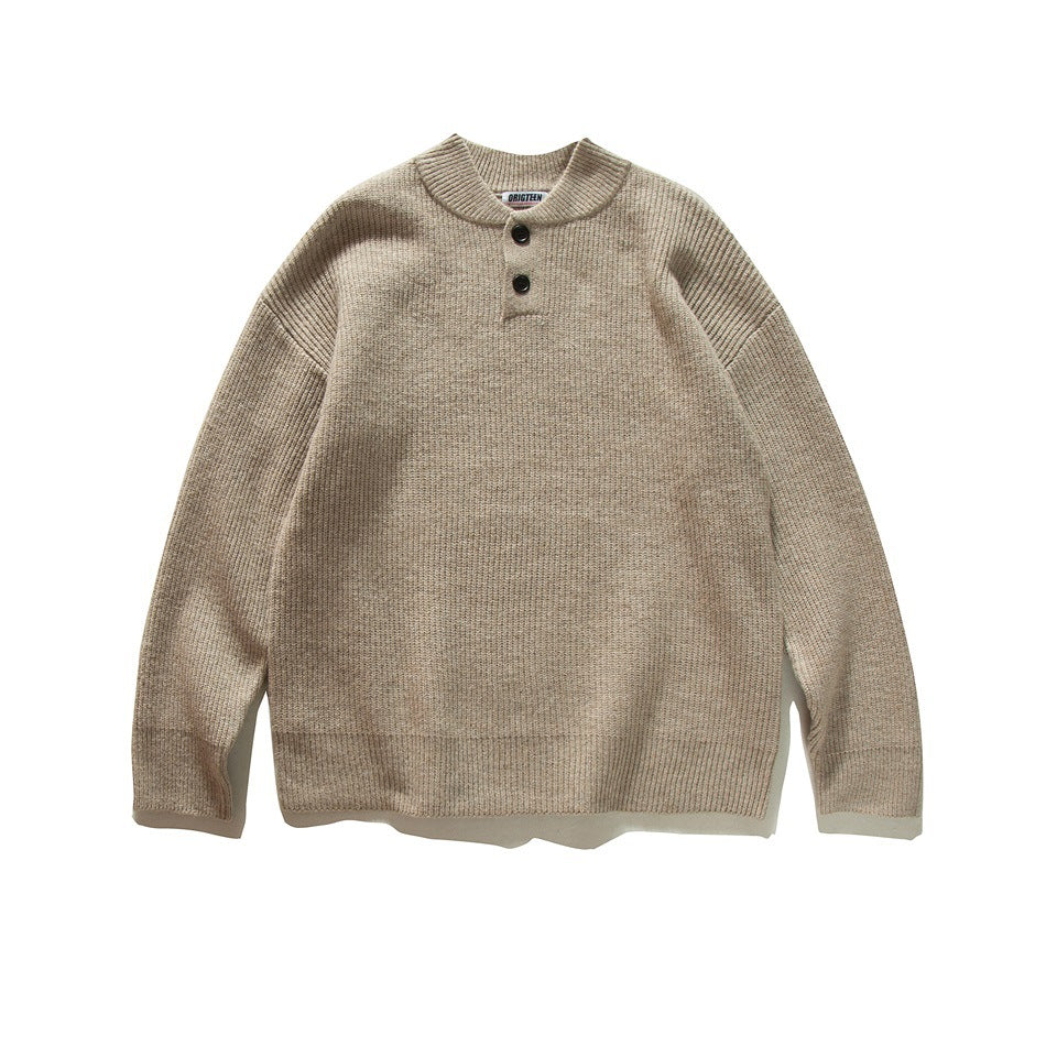 Khaki ribbed knit henley-style pullover sweater with two buttons, flat lay front view