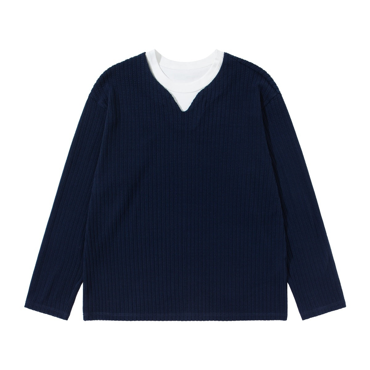 Navy blue ribbed long-sleeve top with white layered crew-neck collar and V-shaped notch, flat front view
