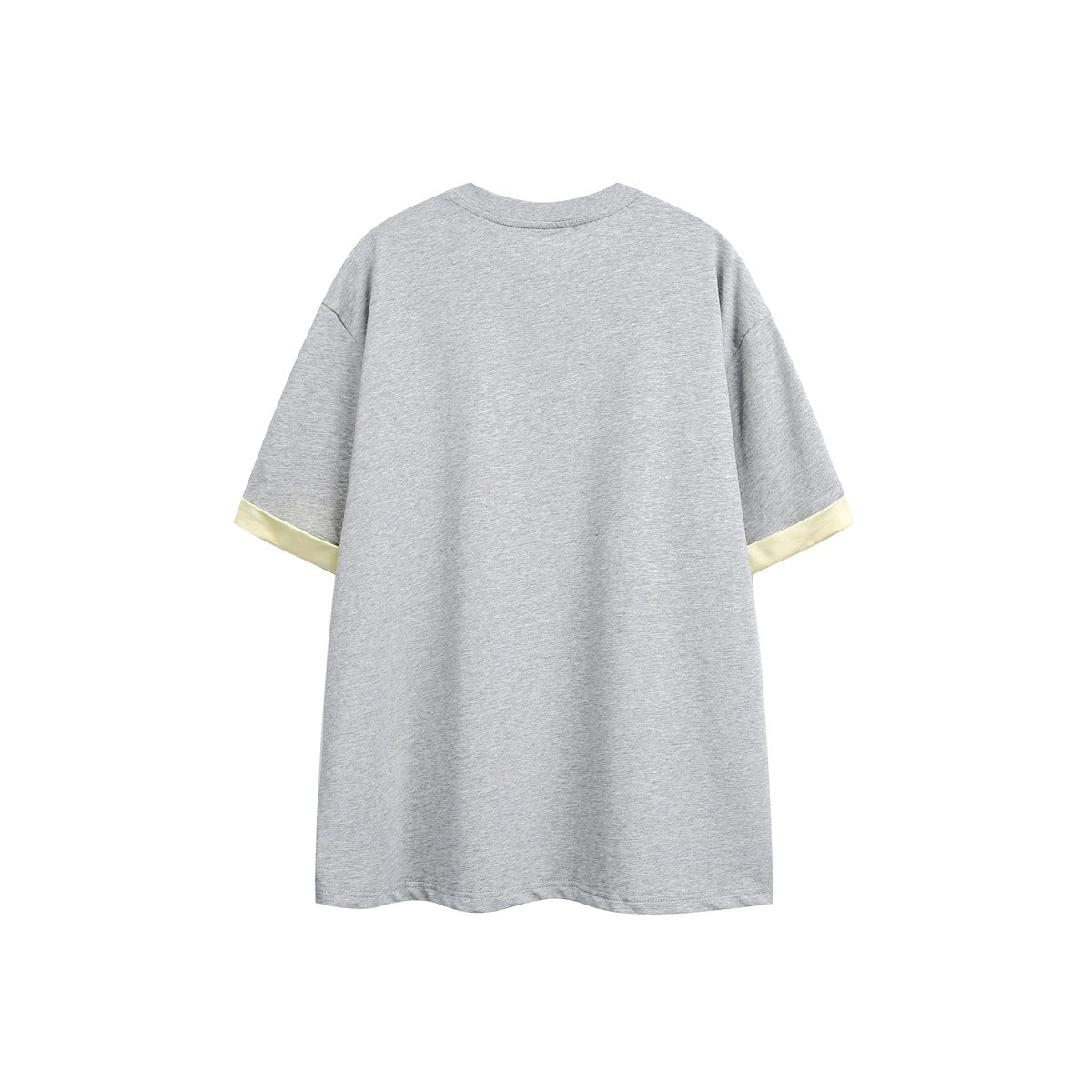 Back view of a heather gray short-sleeve T-shirt with pale yellow sleeve cuffs.