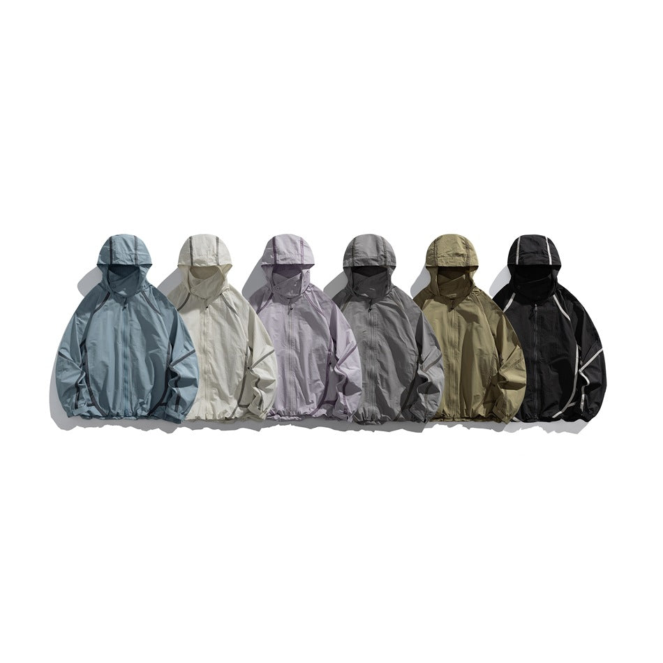 Six hooded zip jackets shown together in blue-gray, off-white, lavender, gray, olive, and black.