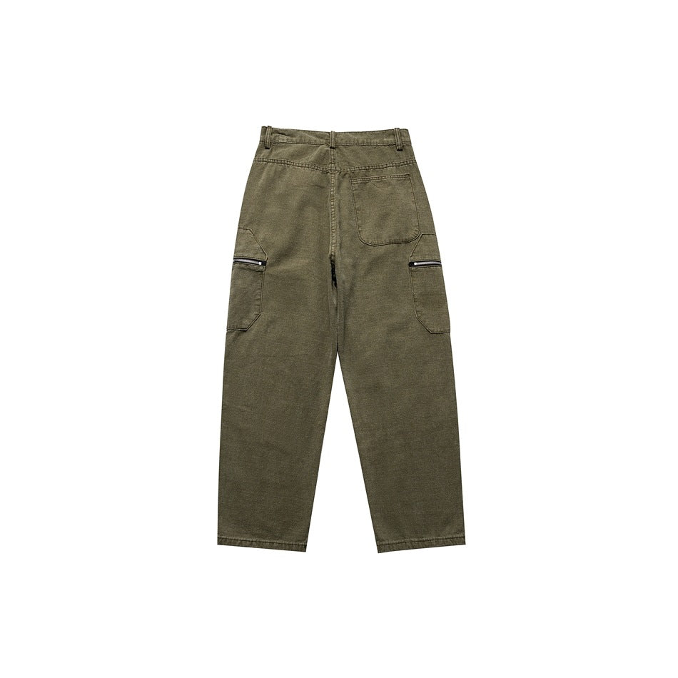 Back view of army green cargo pants showing a patch pocket and zippered side cargo pockets