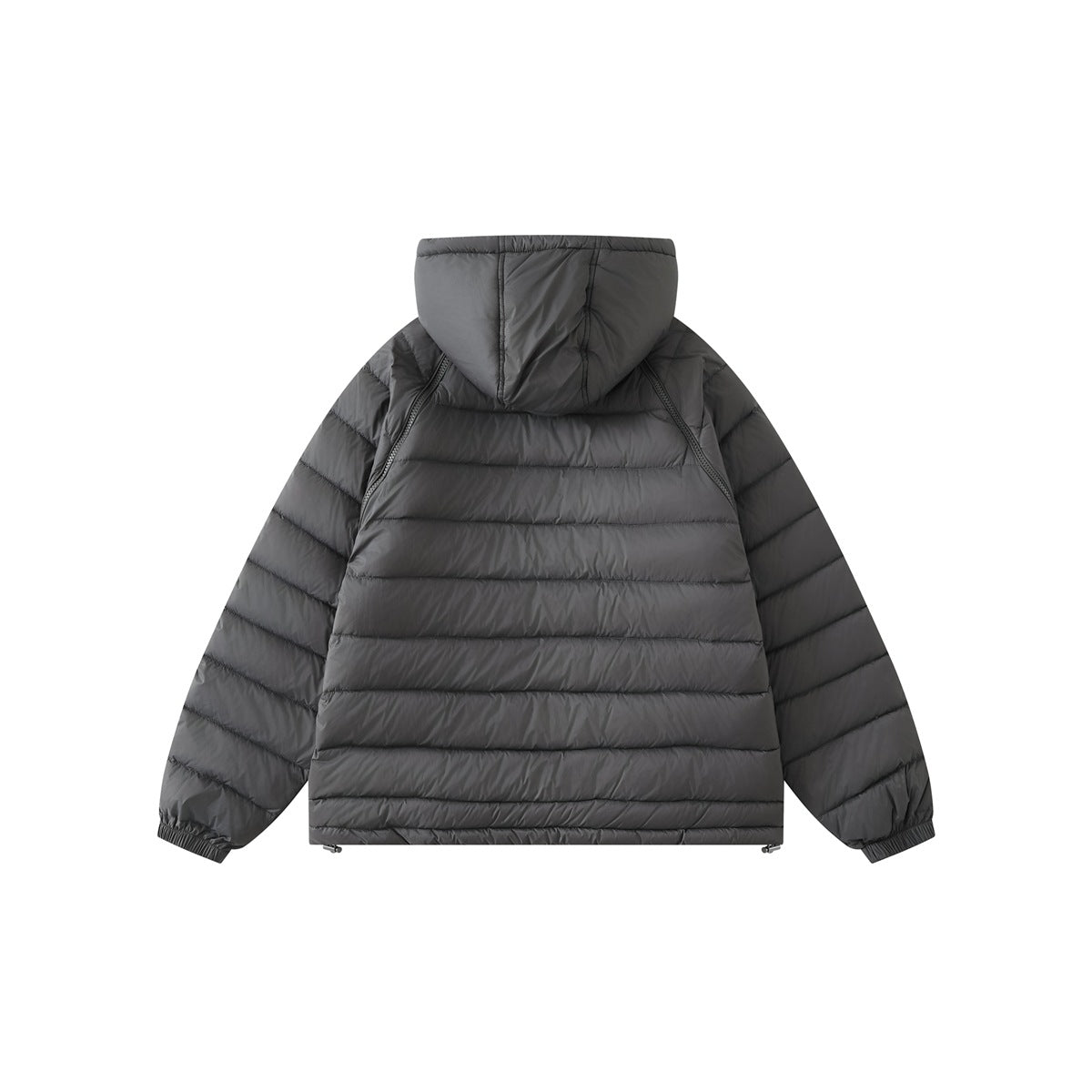 Dark gray hooded quilted puffer jacket, back view, with horizontal channels, elastic cuffs and hem toggles