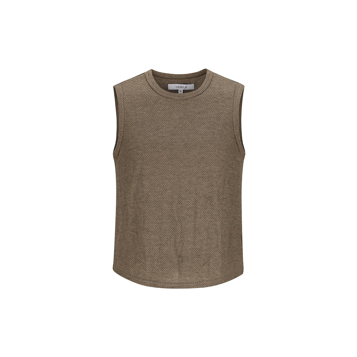 Brown sleeveless crew-neck tank top with textured diamond-pattern knit, front view
