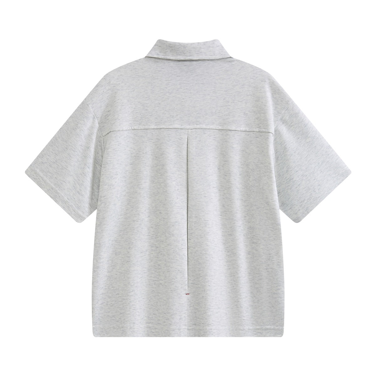 Heather gray short-sleeve polo shirt flat lay, back view, with yoke seam and center back pleat