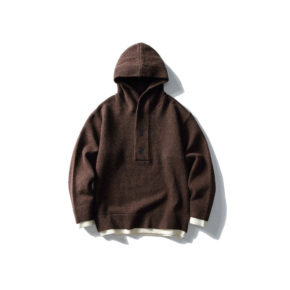 Coffee brown hooded knit sweater with button placket and cream trim at hem and cuffs, flat lay
