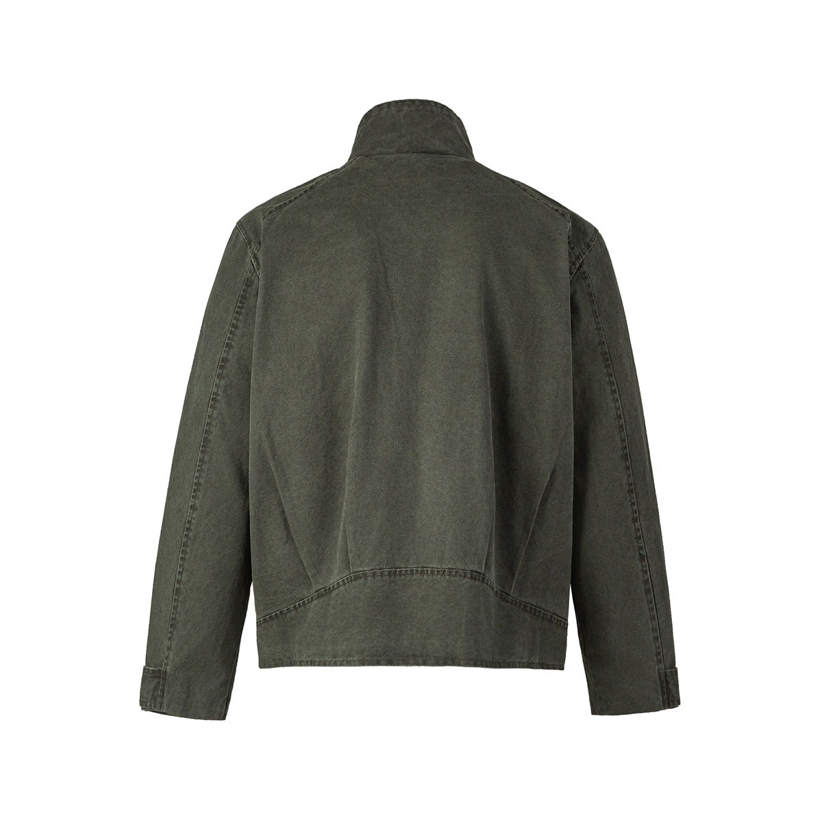 Washed green jacket back view with stand collar, pleated back detail and horizontal lower back seam