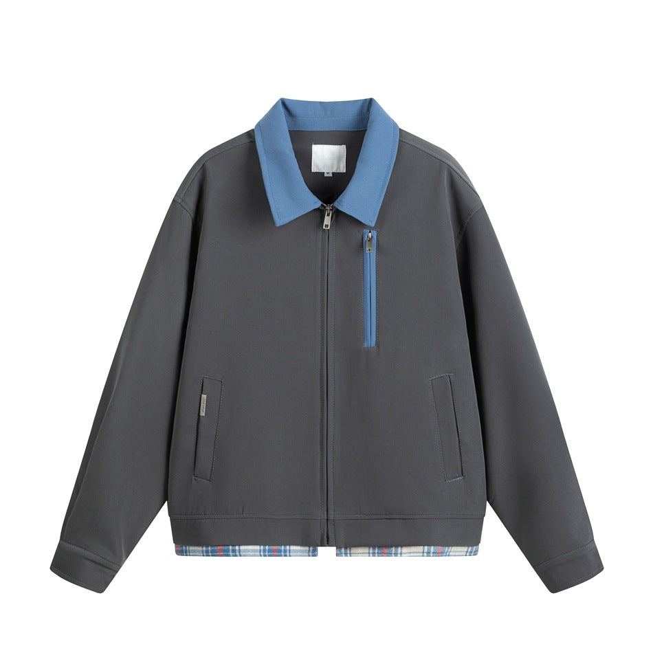Gray zip-front jacket with blue collar, blue diagonal chest zip pocket and plaid-look hem trim, flat view