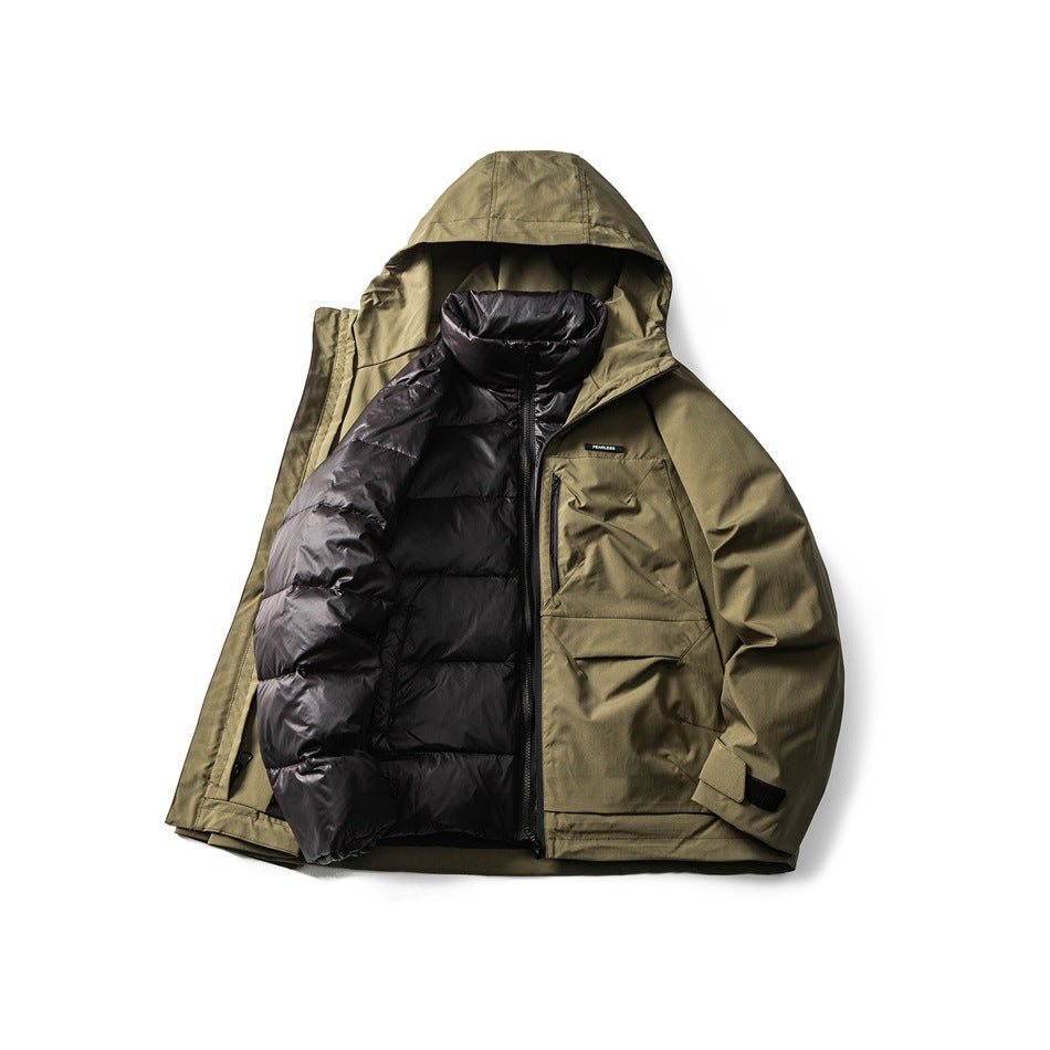 Army green hooded jacket flat lay, open to show the black quilted puffer inner jacket with stand collar