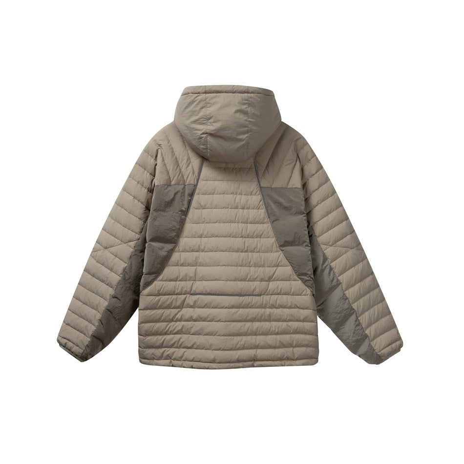Back view of khaki quilted hooded jacket with taupe contrast shoulder and side panels and horizontal quilting