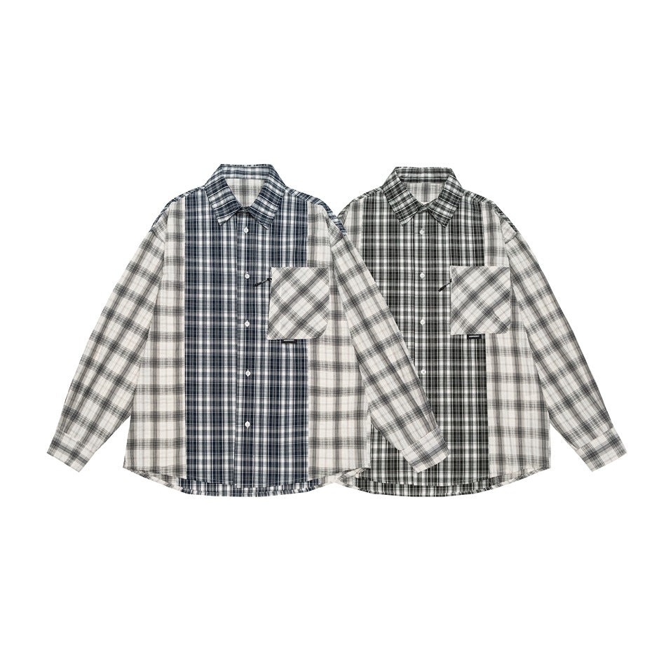 Two long-sleeve patchwork plaid shirts shown flat: one with a navy center and one with a black center.
