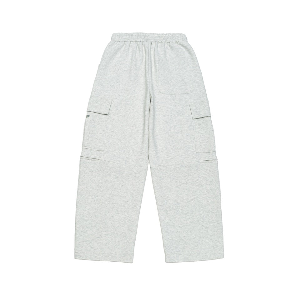 Light gray marl wide-leg pants with an elastic waistband, one back pocket, and large flap cargo pockets.