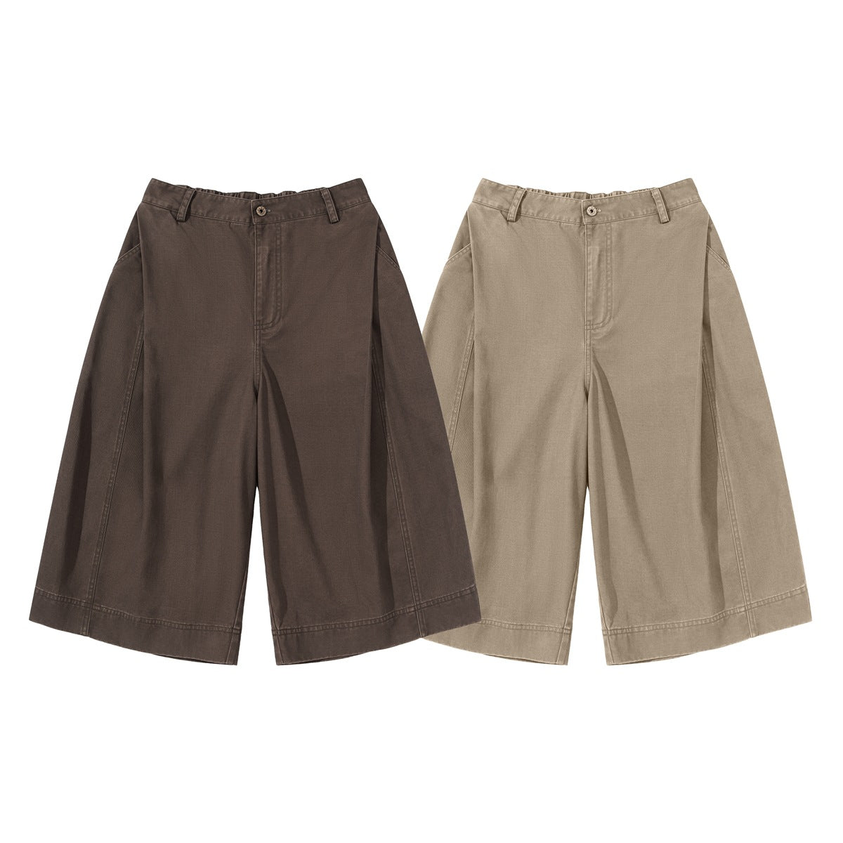 Two pairs of wide-leg cropped trousers shown from the front, in dark brown and taupe.