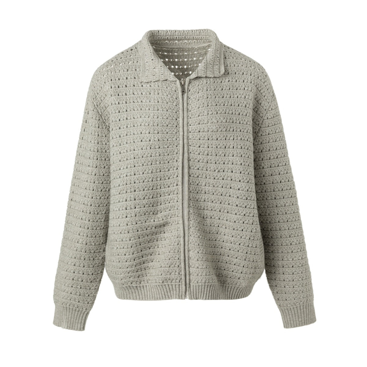 Gray openwork knit zip-up jacket with turn-down collar and ribbed cuffs and hem, front view on white background