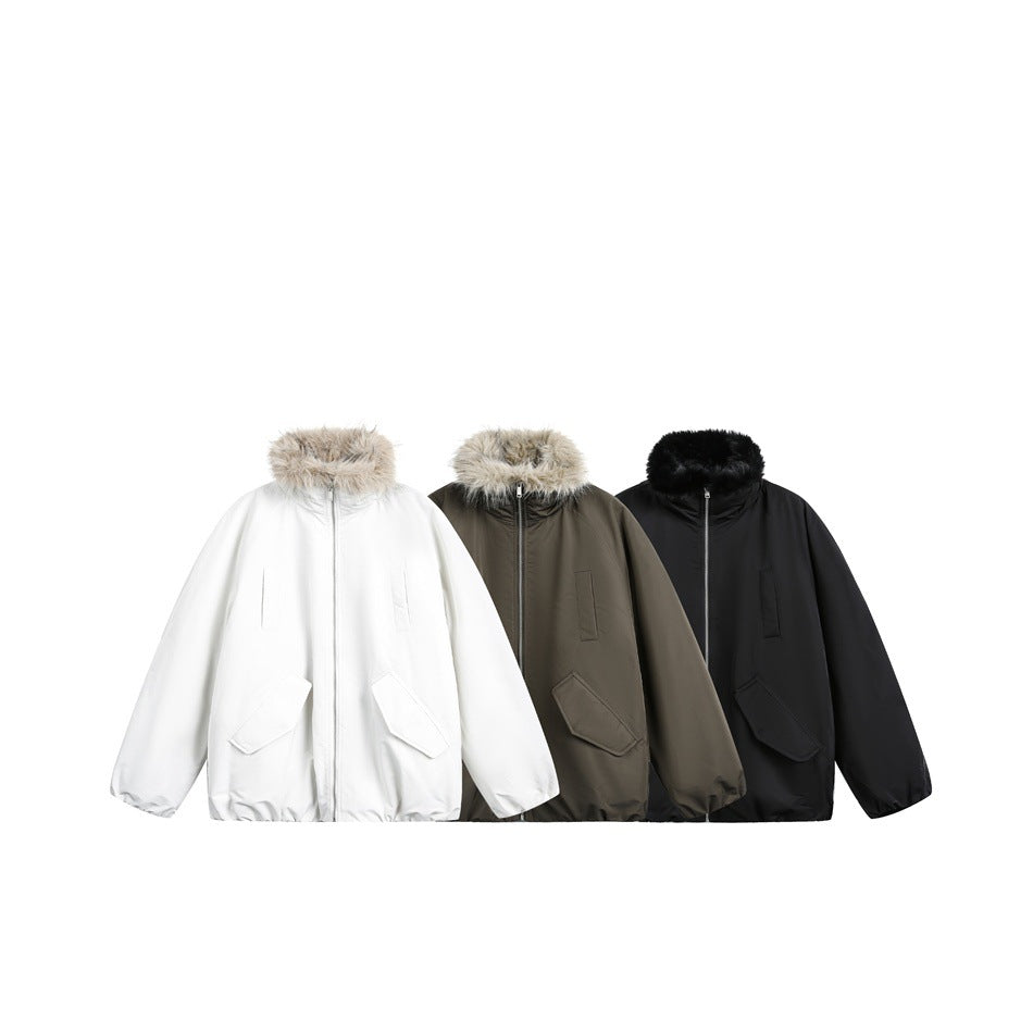 Three zip-front jackets shown together in white, brown, and black, each with a fur collar and flap pockets.