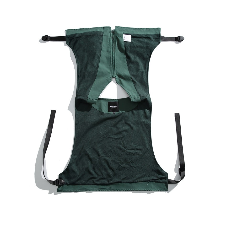 Flat lay of a dark green mesh vest with a front zipper and black adjustable straps.