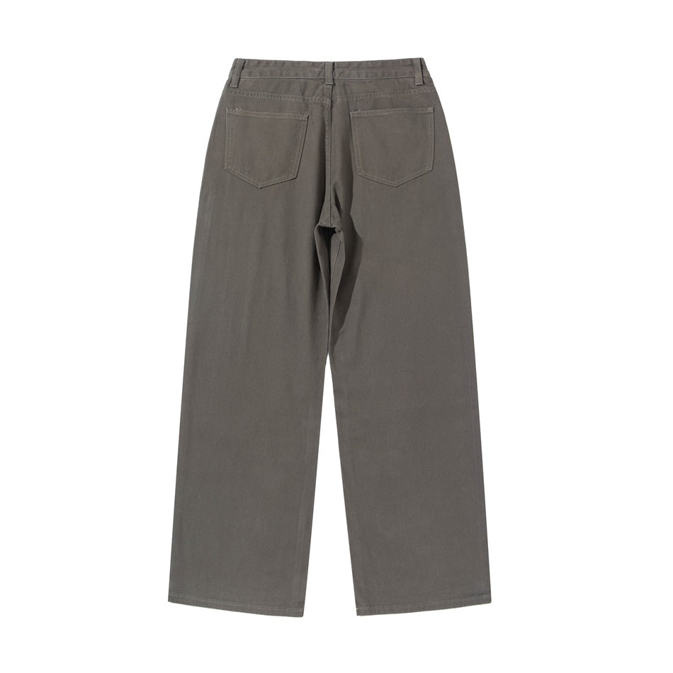 Back flat view of brown wide-leg pants with two patch back pockets and contrast stitching