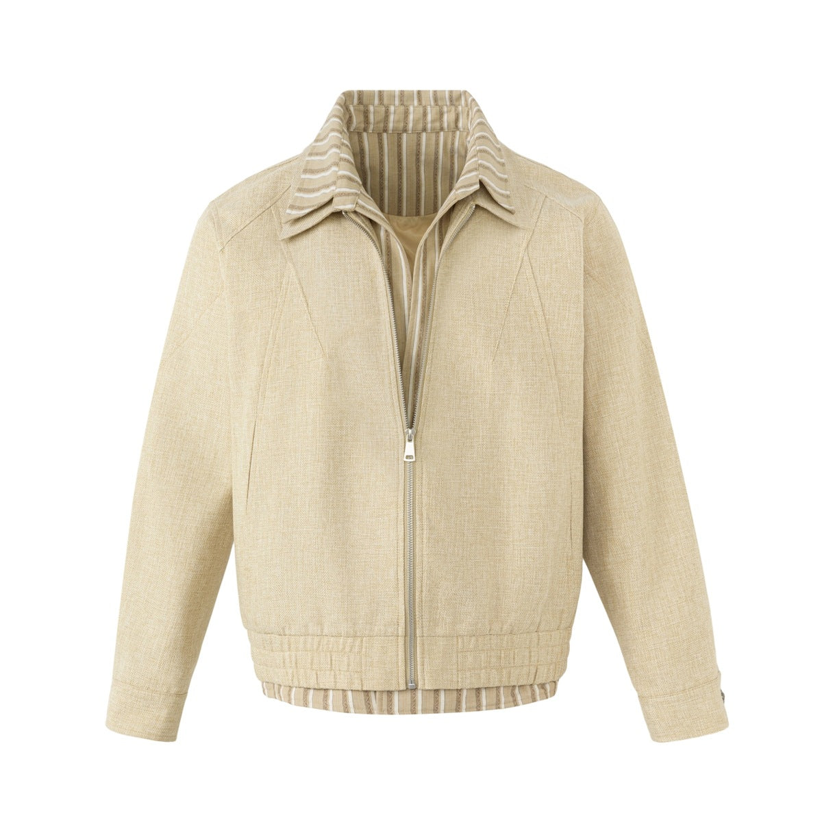 Khaki textured zip-front jacket with striped layered collar and hem, flat front view